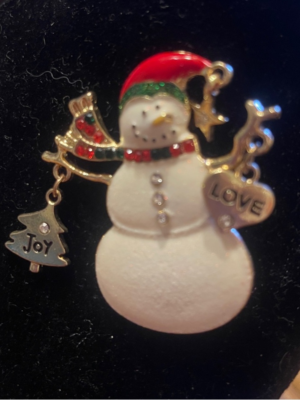 Festive frosty style Snowman Brooch White and Red Holiday Pin joy love